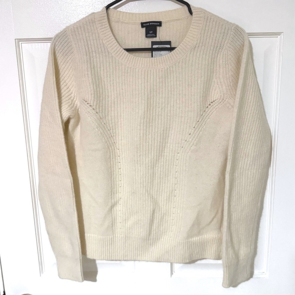 Club Monaco Rumi Sweater Cream Wool Angora Blend Ruffle Hem Small NWT - Picture 1 of 6